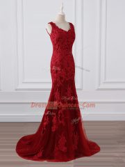 Superior Red Zipper Evening Dress Lace and Appliques Sleeveless Brush Train