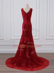 Superior Red Zipper Evening Dress Lace and Appliques Sleeveless Brush Train