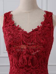 Superior Red Zipper Evening Dress Lace and Appliques Sleeveless Brush Train