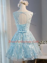 Mini Length Light Blue Prom Evening Gown Tulle Sleeveless Lace and Appliques
