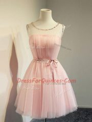 Scoop Long Sleeves Lace Up Quinceanera Court of Honor Dress Baby Pink Tulle
