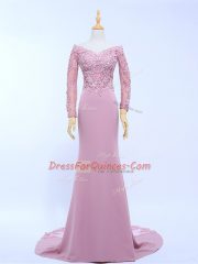 Lilac Evening Dress Prom and Party and Beach with Lace and Appliques Off The Shoulder Long Sleeves Brush Train Zipper