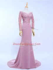 Lilac Evening Dress Prom and Party and Beach with Lace and Appliques Off The Shoulder Long Sleeves Brush Train Zipper