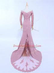 Lilac Evening Dress Prom and Party and Beach with Lace and Appliques Off The Shoulder Long Sleeves Brush Train Zipper