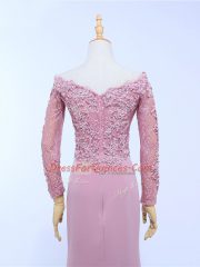 Lilac Evening Dress Prom and Party and Beach with Lace and Appliques Off The Shoulder Long Sleeves Brush Train Zipper