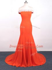 Orange Red Side Zipper Prom Evening Gown Lace and Appliques Sleeveless Watteau Train