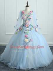 Light Blue Long Sleeves Appliques and Hand Made Flower Floor Length Quinceanera Gown