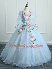 Light Blue Long Sleeves Appliques and Hand Made Flower Floor Length Quinceanera Gown