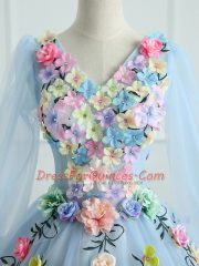 Light Blue Long Sleeves Appliques and Hand Made Flower Floor Length Quinceanera Gown