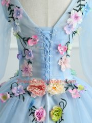 Light Blue Long Sleeves Appliques and Hand Made Flower Floor Length Quinceanera Gown