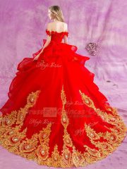Dramatic Off The Shoulder Sleeveless Court Train Lace Up Sweet 16 Dress Red Tulle