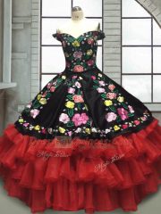 Beautiful Floor Length Ball Gowns Sleeveless Red And Black Quince Ball Gowns Lace Up