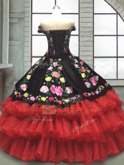 Beautiful Floor Length Ball Gowns Sleeveless Red And Black Quince Ball Gowns Lace Up