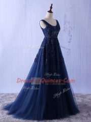 Edgy Straps Sleeveless Prom Evening Gown Floor Length Appliques Navy Blue Tulle