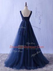 Edgy Straps Sleeveless Prom Evening Gown Floor Length Appliques Navy Blue Tulle