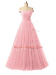 Baby Pink Lace Up Off The Shoulder Ruching Evening Dress Tulle Sleeveless
