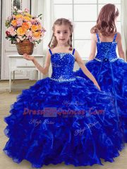 Elegant Beading and Ruffles Little Girls Pageant Gowns Royal Blue Lace Up Sleeveless Floor Length