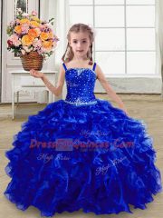 Elegant Beading and Ruffles Little Girls Pageant Gowns Royal Blue Lace Up Sleeveless Floor Length