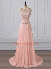 Dynamic Peach Side Zipper Scoop Beading Prom Evening Gown Chiffon Sleeveless Brush Train