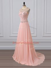 Dynamic Peach Side Zipper Scoop Beading Prom Evening Gown Chiffon Sleeveless Brush Train