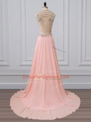 Dynamic Peach Side Zipper Scoop Beading Prom Evening Gown Chiffon Sleeveless Brush Train
