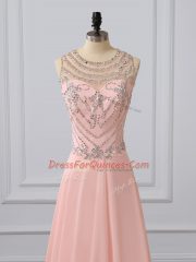 Dynamic Peach Side Zipper Scoop Beading Prom Evening Gown Chiffon Sleeveless Brush Train