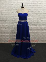 Simple Chiffon High-neck Sleeveless Brush Train Zipper Beading Prom Party Dress in Royal Blue