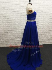 Simple Chiffon High-neck Sleeveless Brush Train Zipper Beading Prom Party Dress in Royal Blue