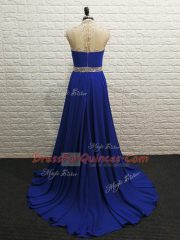 Simple Chiffon High-neck Sleeveless Brush Train Zipper Beading Prom Party Dress in Royal Blue