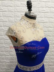 Simple Chiffon High-neck Sleeveless Brush Train Zipper Beading Prom Party Dress in Royal Blue