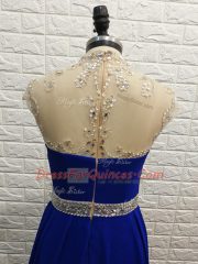 Simple Chiffon High-neck Sleeveless Brush Train Zipper Beading Prom Party Dress in Royal Blue
