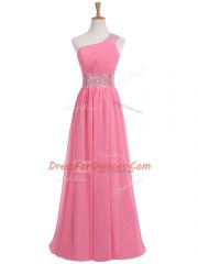 Rose Pink Empire Chiffon One Shoulder Sleeveless Beading and Ruching Floor Length Backless Prom Party Dress