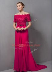 Hot Pink Short Sleeves Sweep Train Lace Homecoming Dress