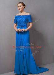 Blue Prom Evening Gown Chiffon Sweep Train Short Sleeves Lace