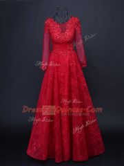 Flare Floor Length Red Prom Dresses Scoop Long Sleeves Lace Up