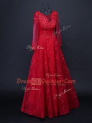 Flare Floor Length Red Prom Dresses Scoop Long Sleeves Lace Up