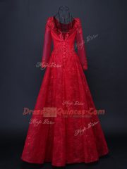 Flare Floor Length Red Prom Dresses Scoop Long Sleeves Lace Up