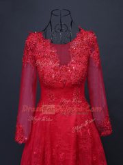 Flare Floor Length Red Prom Dresses Scoop Long Sleeves Lace Up
