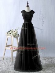 Black Empire Scoop Sleeveless Tulle Floor Length Zipper Lace Dress for Prom