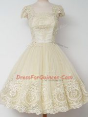 Cute Light Yellow A-line Tulle Square Cap Sleeves Lace Knee Length Zipper Dama Dress