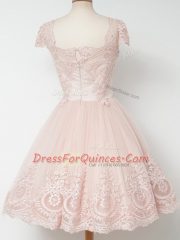 Cute Light Yellow A-line Tulle Square Cap Sleeves Lace Knee Length Zipper Dama Dress
