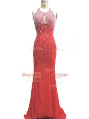 Customized Sleeveless Chiffon Brush Train Criss Cross Evening Dress in Red with Beading