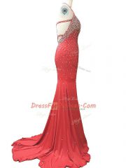 Customized Sleeveless Chiffon Brush Train Criss Cross Evening Dress in Red with Beading