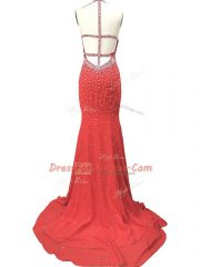 Customized Sleeveless Chiffon Brush Train Criss Cross Evening Dress in Red with Beading