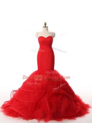 Popular Red Sleeveless Tulle Brush Train Zipper for Prom and Military Ball