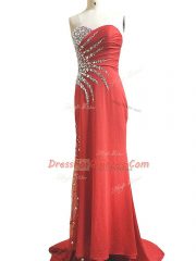 Red Prom Gown Chiffon Brush Train Sleeveless Beading and Ruching