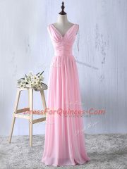 Baby Pink Zipper Vestidos de Damas Ruching Sleeveless Floor Length