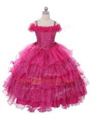 Custom Design Off The Shoulder Sleeveless Lace Up Little Girl Pageant Dress Fuchsia Organza