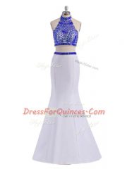 Halter Top Sleeveless Evening Dress Floor Length Beading White Satin