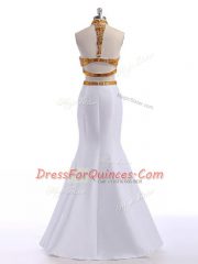 Halter Top Sleeveless Evening Dress Floor Length Beading White Satin